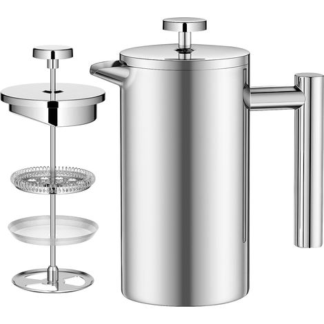 Cafetière à Piston 1000mL, French Press en Acier Inoxydable, Double Paroi Cafetiere avec Filtre 3 Couches, Cafetière Pression pour Maison, Voyage, Camping, Argent (1/5)