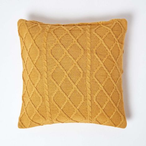 HOMESCAPES Mustard Diamond Cable Knit Cushion Cover, 45 x 45 cm