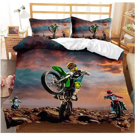 Ensemble de Housse de Couette 3D Moto Motocross avec Taie d'oreiller Couette de Course de Moto,Sports Extrêmes 220x240 cm,Vert - LLJ (1/4)