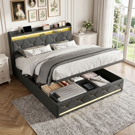 BLANKETSWARM - Lit coffre 140 x 200 cm avec LED, Lit double rembourré avec USB, Lit double coffre avec rangement - Lin - Gris (1/5)