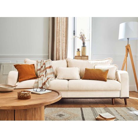 Lisa Design – Canapé 3 places convertible avec coffre – Velours côtelé beige – Dossier rabattable – Couchage occasionnel – Style contemporain (1/5)
