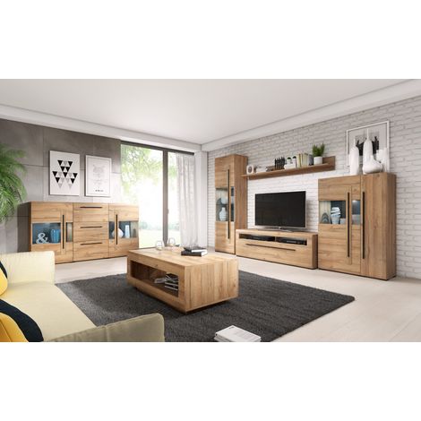Wohnzimmer Set inkl. Wohnwand Sideboard und Couchtisch TURDA-83 in Eiche Grandson Nb. mit LED Beleuchtung, B/H/T: ca. 320/104/50 cm (1/5)