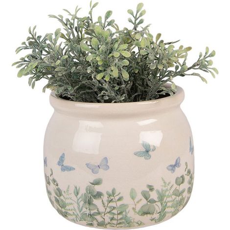 Pot de fleurs rond beige céramique papillons 12x10cm (1/3)
