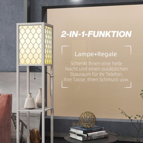 Lampadaire design contemporain, 2 tablettes, interrupteur à cordon, 26x26x156 cm, noir et blanc