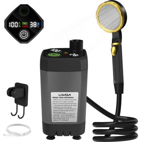Doccia portatile da campeggio, doccia da esterno migliorata con batteria ricaricabile da 9000 mAh e pompa per spiaggia, escursionismo, lavaggio auto, grigia (1/5)