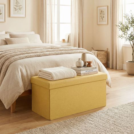 Puff Almacenaje, Banco Almacenaje Plegable 84 L 76x38x38 cm Tapizado en Lino Sintético Amarillo