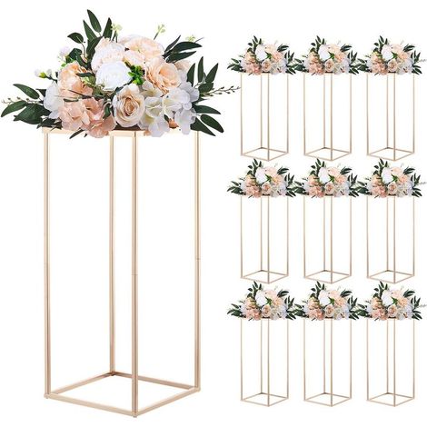 Support Fleur Mariage Colonne Lot de 10 Support Fleur Centre Table Mariage 60 cm Présentoir Floral Rectangulaire pour Fêtes, Anniversaires, Décoration Intérieure, avec Panneau Métallique, Doré (1/5)