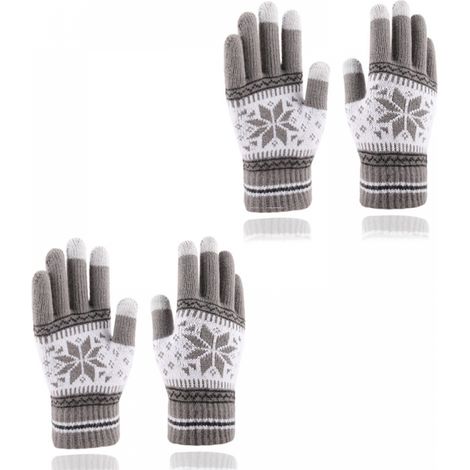 Christmas Gloves - Knitted Lined Gloves - Touchscreen Compatible - Long Finger Design - Thick, Stretchy Winter Gloves - Snowflake Pattern, Grey (1/4)