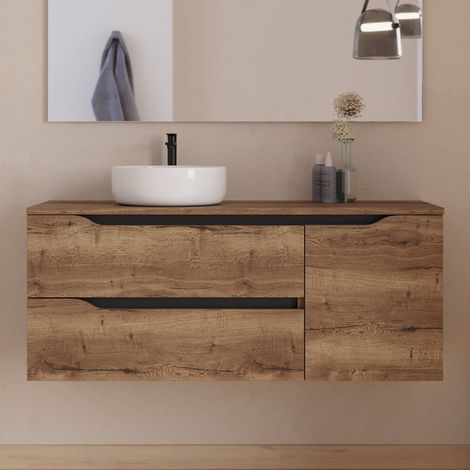 Meuble de salle de bain 120cm avec plateau et vasque à poser déportée à gauche Ares - sans miroir - 2 tiroirs et un placard - tabaco (bois foncé) - ZARZA