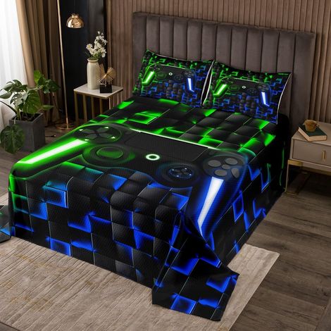Gamer Garçon 260x240 Couvre-Lit Gaming Dessus de Lit Enfants Adolescents Hommes,3D Néon Ombre Géométrique Tartan Poignée de Jeu Couverture de Lit Doux Et Léger Jetés de Lit Vert Indigo - 260x240cm (1/5)