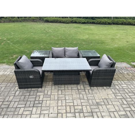 Fimous Ensemble de meubles de jardin en rotin extérieur Table à manger réglable en hauteur Canapé d’amour avec 2 tables de chevet et chaises (1/5)