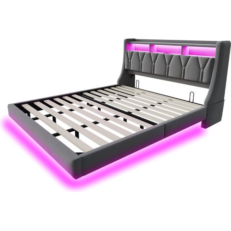 Cama tapizada 180 x 200 cm gris con cabecero abatible, LED, enchufe y almacenaje (1/5)