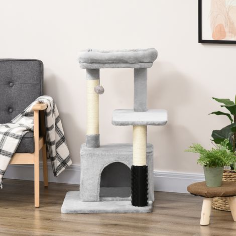 REDOM Arbre à chat 48x48x85 cm maison de jeu avec litière lit lavable poteaux en sisal panneau aggloméré Gris clair (1/5)