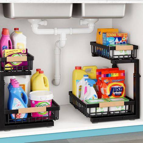 Lot de 2 - Organisateur coulissant - Rangement sous évier - Acier épais réglable 35-43 cm - Cuisine salle de bain - Noir - 41x23 cm (1/5)
