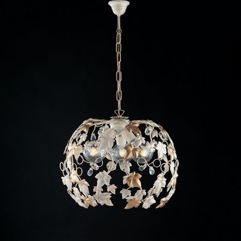 Araña colgante en hierro marfil oro y pedrería tres luces 50x h45 cm ivy