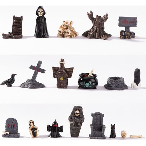 Set di 19 mini elementi decorativi in resina per Halloween (zucca / fantasma / teschio / lapide) - Lavoretti fai da te - Decorazioni per scenografie festive (1/5)