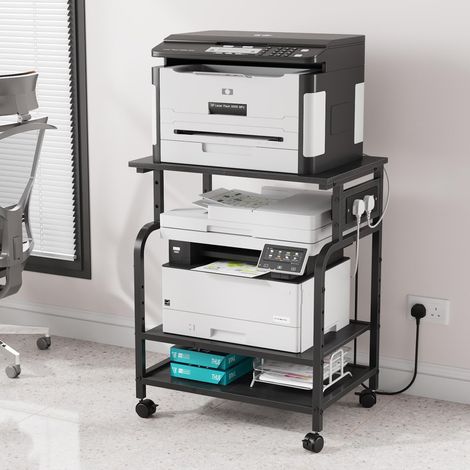 3-Tier Rolling Printer Stand with Outlets, Adjustable Storage Shelf Cart for Office, 3D Printers, Heat Press (1/5)