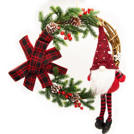 Ghirlanda di Natale con gnomo cappello Rosso 50cm Wisdom