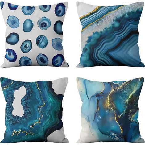 Lot de 4 taies d'oreiller 45x45 cm, housse en velours imprimé doré, motif marbre filigrane abstrait, coussin décoratif pour canapé et salon. (1/5)