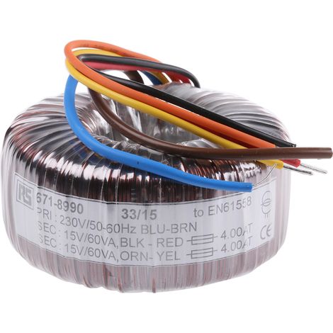 Transformateur torique RS PRO 2 sorties, 230V c.a. 2 x 15V c.a., 120VA (1/2)