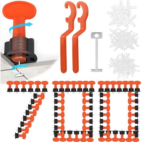 Kit de nivellement de carrelage de 700 pièces, avec 100 cales de carrelage, réutilisables, 200 pièces de 1 mm/2 mm/3 mm, 50 aiguilles en acier de rechange et 2 clés pour mur, plafond, carrelage de sol (1/5)