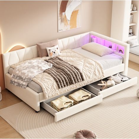 Sofá cama de lino beige 90x200 cm con USB, Tipo C, LED, 2 cajones y somier de láminas (1/5)