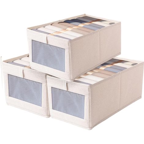 Lot de 3 Boîte de rangement, Tissu, Fenêtre transparente, Pliable, Empilable, Pour armoire, Vêtements, Jouets