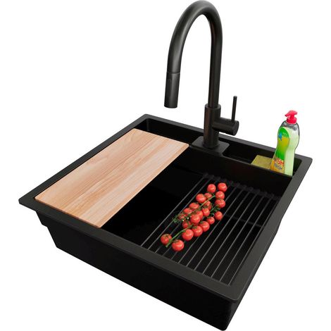 PRIMAGRAN Evier Cuisine en Granit 56x54cm, Lavabo 1 bac + Kit de Vidage + Accessoire, Évier à Encastrer au meuble 60cm - Bergen Pocket, Tout Noir