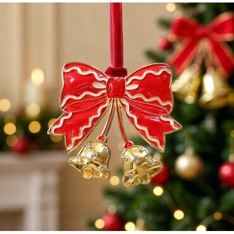 Ornement suspendu nœud et cloches de Noël métal émail strass, déco sapin 7×6 cm (1/3)