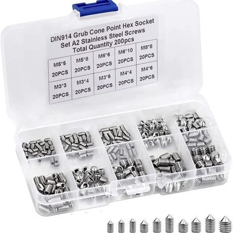 Lot de 200 vis sans tête hexagonales M3 à M8 – Acier inoxydable – Résistantes à l'usure – Pour poignées de porte et appareils électriques (1/5)