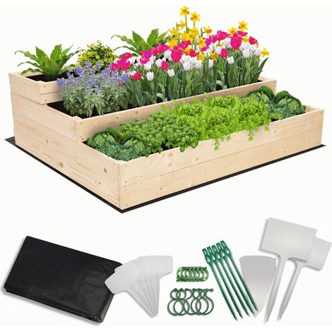 MODO24 Carré potager surélevé en bois, 3 niveaux en cascade, 36x117x93 cm, jardin/terrasse, kit jardinier inclus, naturel