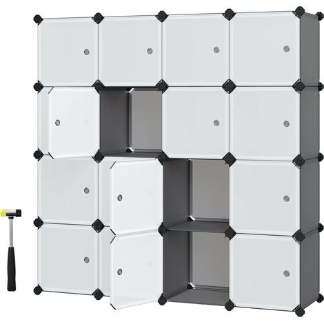 Songmics – Meuble de rangement modulable 16 compartiments – Étagère en plastique hydrofuge avec portes – Assemblage facile – Capacité 10kg/compartiment – LPC443G01