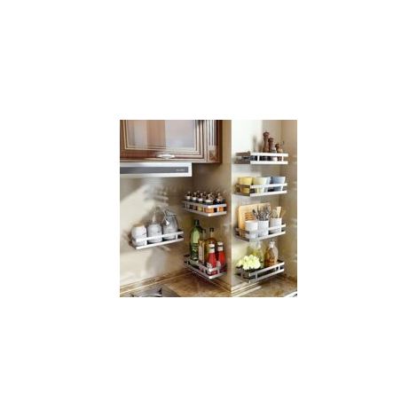 Étagère à épices avec crochets, pour fixation murale ou sur placard, étagère murale de cuisine en acier inoxydable, étagère à épices pour porte de placard, étagère à épices sans perçage, étagère à épi (1/4)