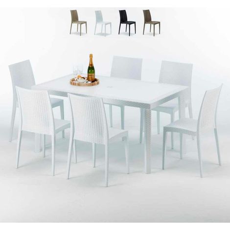 Grand Soleil – Ensemble table rectangulaire 150x90cm en poly rotin blanc avec 6 chaises Arm Bistrot – Résistant aux intempéries – Usage professionnel – Made in Italy