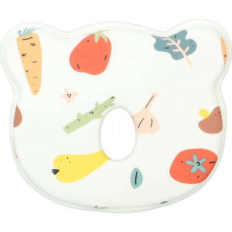 Oreiller de forme pour bébé anti-tête plate, motif fruits et légumes imprimé, coton doux, dessin cartoon, idéal pour prévenir les têtes plates. (1/5)