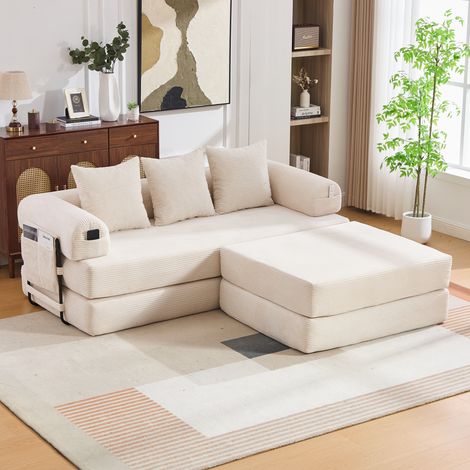 Canapé modulable en velours côtelé beige avec pouf, structure métal, 3 coussins, REDOM (1/5)