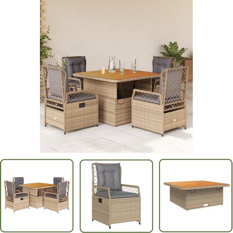 The Living Store Ensemble à manger de jardin avec coussins 5pcs Beige poly rotin - Ensemble Salon De Jardin - Mobilier De Jardin - Table Extensible - Chaises Pliantes - Résine Tressée (1/5)