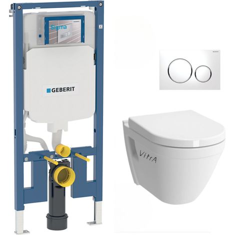 Pack WC Bati-support Geberit + Cuvette suspendue Vitra S50 + Abattant frein de chute + Plaque blanche et chrome (1/5)