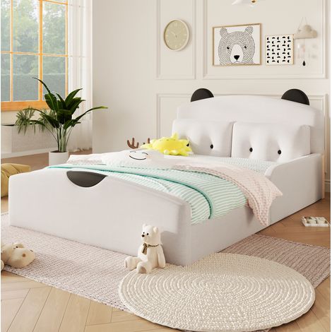 Cama de plataforma para adultos de 140x200 cm en lino, cabecero acolchado con forma de osito de peluche, 2 cojines decorativos, estructura estable - blanco (1/5)
