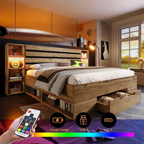 Lit double 160x200 effet chêne avec LED, USB-C, rangements et tiroirs (1/5)