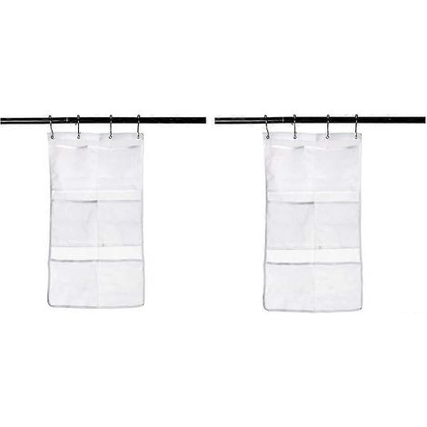 Lot de 2 organisateurs de douche en filet avec poches suspendues, organisateur de salle de bain à 6 poches, support de tringle à rideau de douche à 4 anneaux, sacs de salle de bain suspendus (1/5)