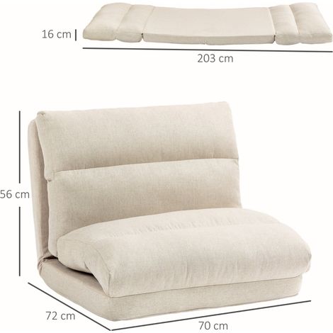 Chaise de sol pliable, dossier réglable sur 6 positions, assise épaisse et rembourrée, fonction lit, aspect lin, 70 x 41 x 56 cm, beige (1/5)