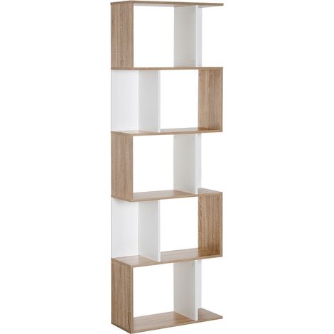 Bookcase, S-Shaped Wooden Bookshelf, 5/6 Tiers Freestanding Storage Shelf, Home Office Decorative Display Stand Rack, Oak and White, 24D x 60W x 184.5H