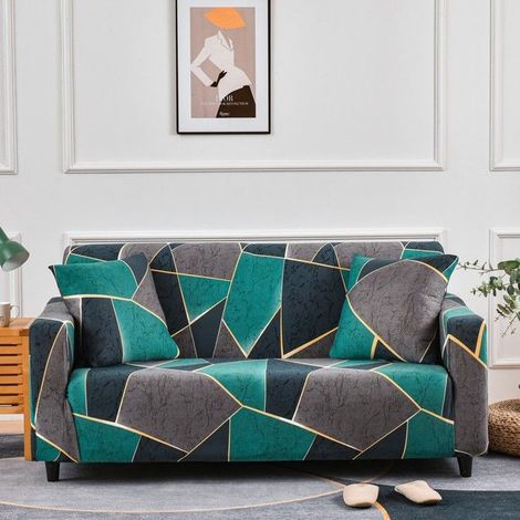Hussen für 2-Sitzer-Ausziehsofa mit Armlehnen, geometrisches Marmormuster, grau und grün.