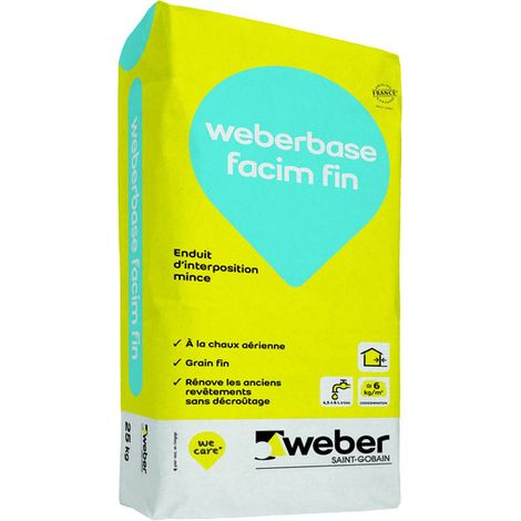 Weber Saint-Gobain Enduit d'interposition, 25 kg, à la chaux aérienne grain fin pour rénover un ancien revêtement organique avec une solution minérale en faible épaisseur, Weberbase facim fin (1/4)