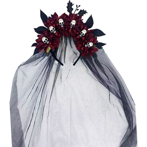 Bandeau en maille avec fermoir en forme de crâne pour Halloween - Accessoire de cheveux fleuri pour déguisement de fantôme (1/5)