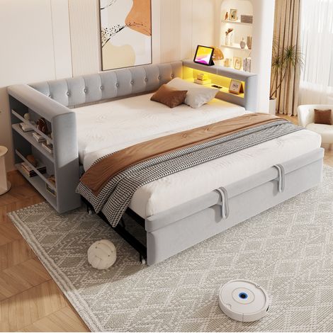 Canapé-lit 214/97/74 cm gris clair en flanelle avec rangements, éclairage LED et prises (1/5)