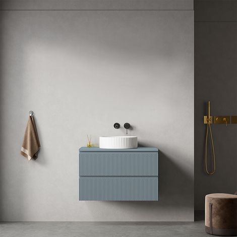 Mobile bagno sospeso cannettato 80 cm Blu Avio per Lavabo d'appoggio Senza Specchio - Fiji Paint Top Canneté (1/4)