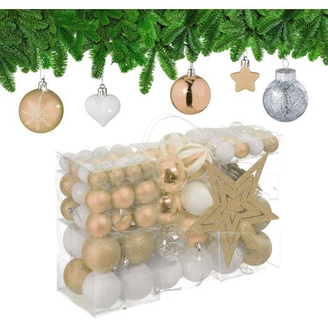 Boules de Noël, Lot de 101, en Plastique, décoration de Sapin, cœurs, étoiles et cimier, Champagne et Blanc (1/5)