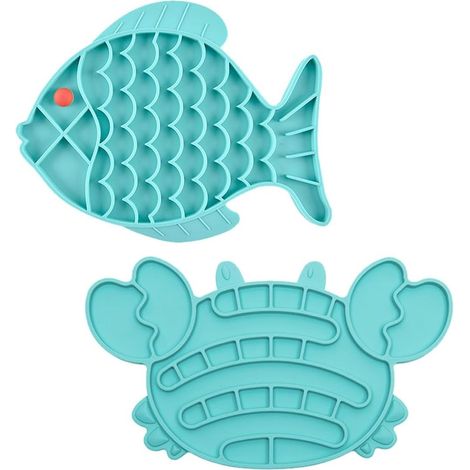 Tapis à lécher pour chat, gamelle à alimentation lente, 1 assiette poisson, 1 assiette crabe - Bleu, gamelle sèche et humide antidérapante motif poisson pour chats et chiots (Bleu) (1/5)